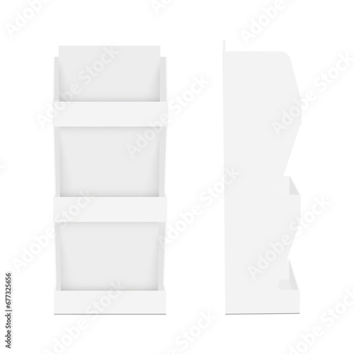 Blank POS Display Stand Mockup, Front And Side View, Isolated on White Background. Vector Illustration