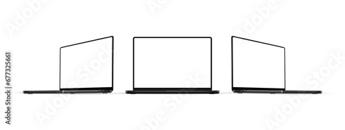 Modern Black Laptop Computers Mockups, Front And Side View, Isolated On White Background. Vector Illustration