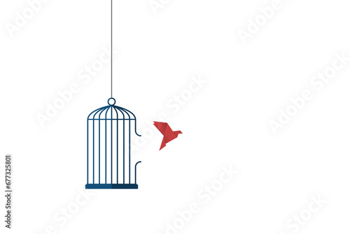 Flying bird and cage. Freedom concept. Emotion of freedom and happiness. Minimalist style. © madedee