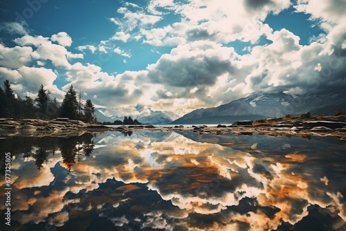 Altocumulus cloud fleet mirrored in a glassy alpine lake
