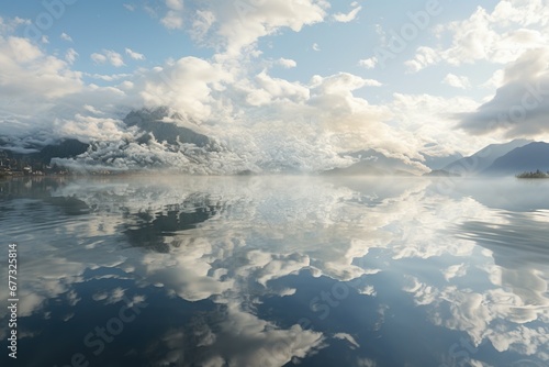 Altocumulus cloud fleet mirrored in a glassy alpine lake