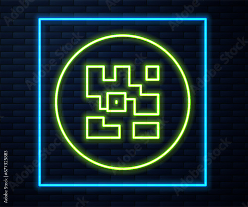 Glowing neon line QR code sample for smartphone scanning icon isolated on brick wall background. Vector