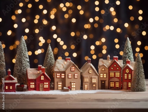 Wooden rustic village background with red Christmas presents, AI generator