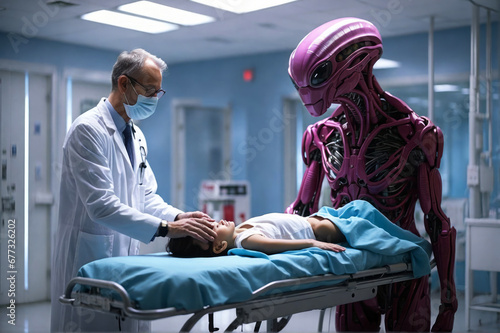 An alien and a doctor examine a child in the hospital. photo
