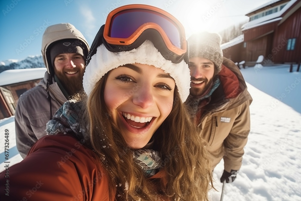 A group of happy smiling friends with ski googles looked at camera in the Ski resort. Beautiful winter sunny day A group of happy smiling friends with ski googles looked at camera in the Ski resort. Beautiful winter sunny day