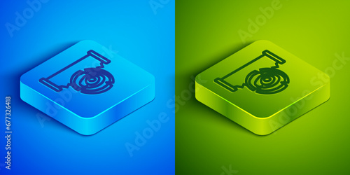 Isometric line Two-handed saw and log icon isolated on blue and green background. Square button. Vector