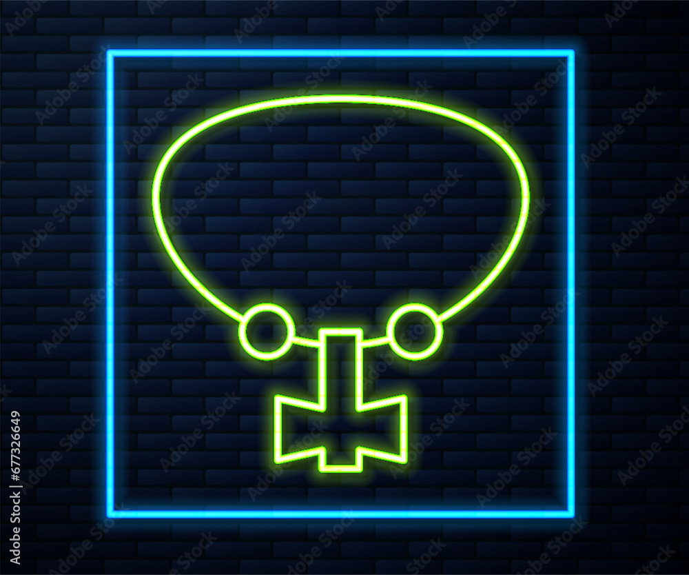Glowing neon line Necklace with gem icon isolated on brick wall background. Vector Glowing neon line Necklace with gem icon isolated on brick wall background. Vector
