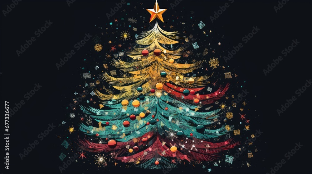  a brightly colored christmas tree on a black background with stars and confetti on the top of the tree.