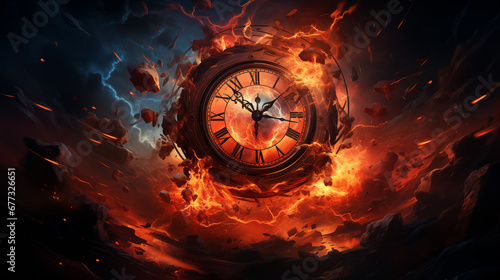 Clock on fire  time is burning in fiery clock image created with Generative AI