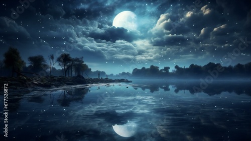 a full moon is seen reflected in water on a night © Amena