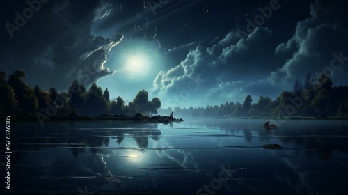 a full moon is seen reflected in water on a night