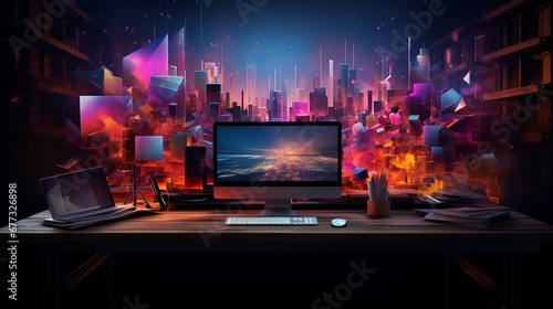 Computer with abstract desktop wallpaper created with Generative AI photo