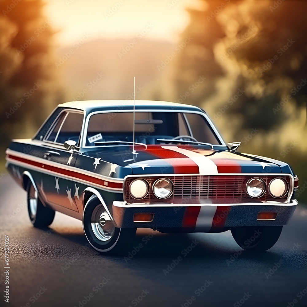 Retro car on the road in the evening. 3d rendering