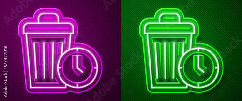 Glowing neon line Waste of time icon isolated on purple and green background. Trash can. Garbage bin sign. Recycle basket icon. Office trash icon. Vector