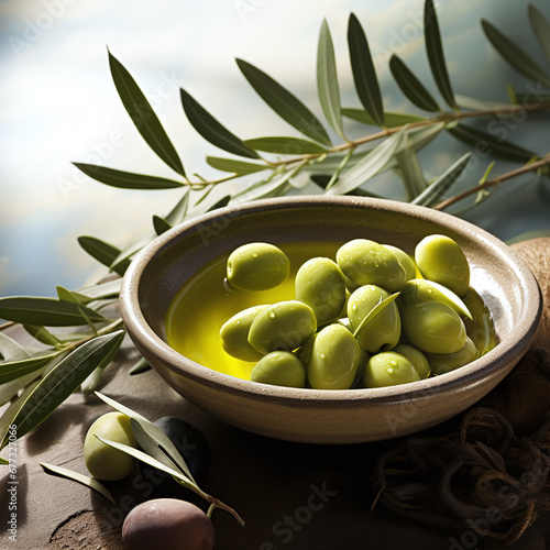 Still life with olive and olive oil in a bowl and leaves from olive tree as decortation on a table 
 photo