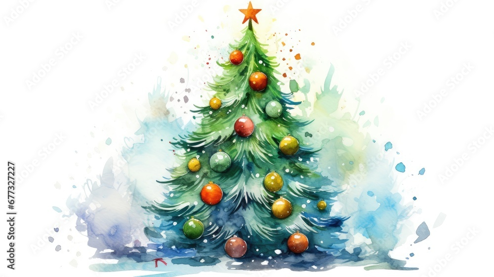  a watercolor painting of a christmas tree with balls on it and a star on the top of the tree.