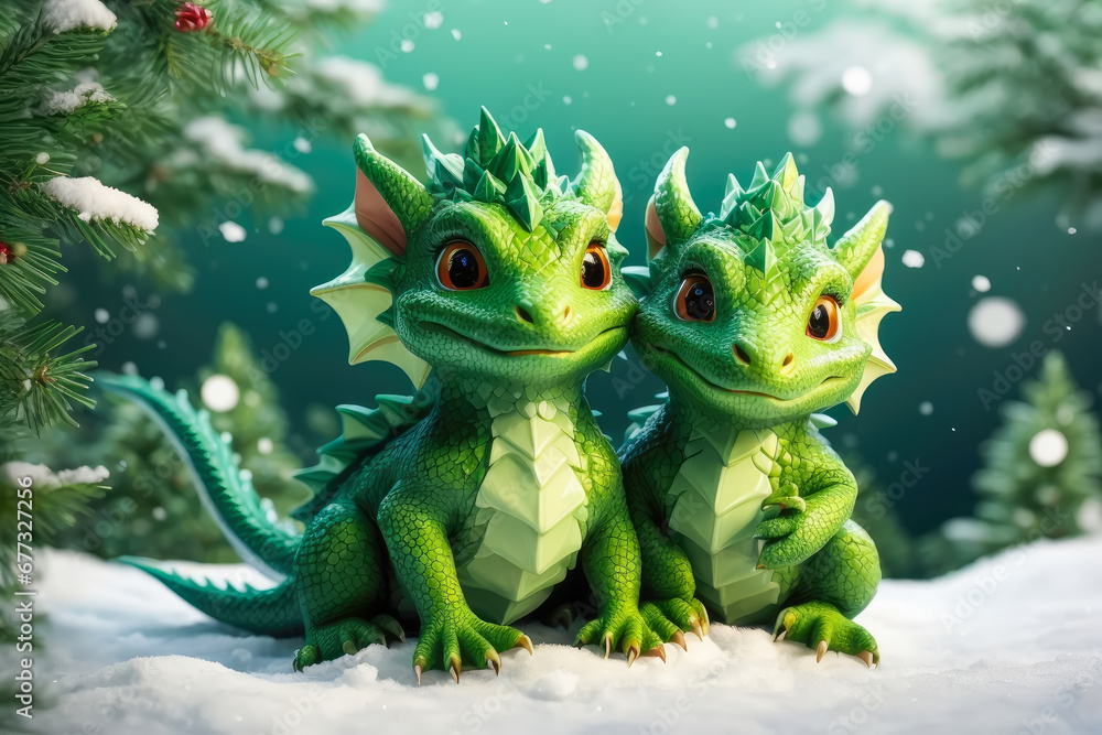 A couple of the fantasy cute happy green dragons.