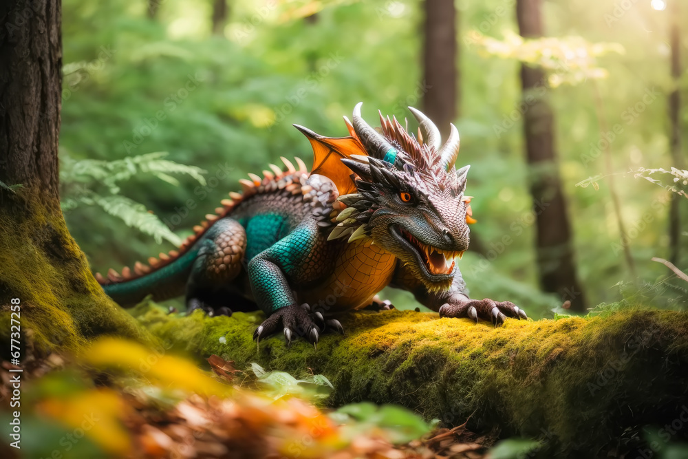 Fantasy cute green dragon in the wild forest. Fantasy cute green dragon in the wild forest.