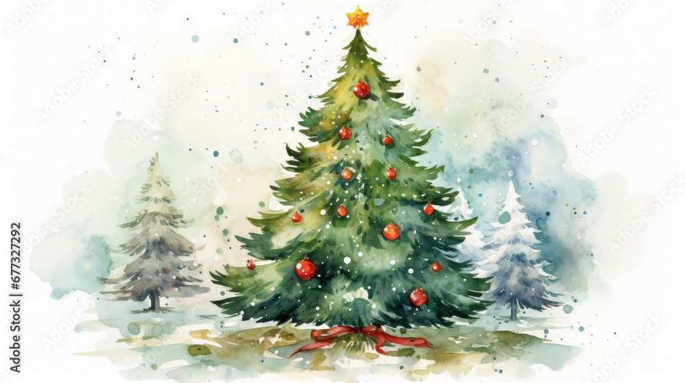  a watercolor painting of a christmas tree with red balls on it and a star on top of the tree.