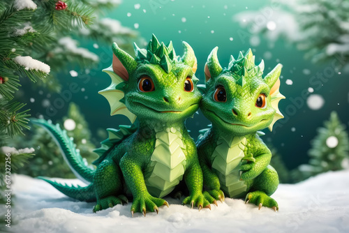A couple of the fantasy cute happy green dragons.