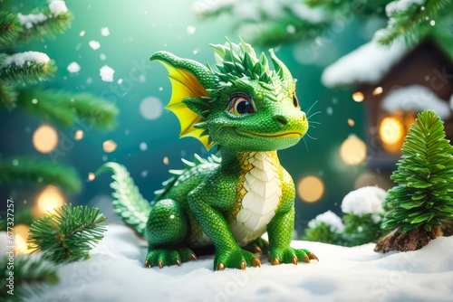 Fantasy cute green dragon sitting on snow.