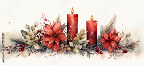 Hand drawn watercolor illustration of Christmas candles and Christmas flowers in christmas colours, christmas candles theme. Horizontal format For banners, posters, advertising. AI generated.