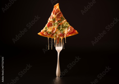 A pizza on a fork like a Christmas tree shape