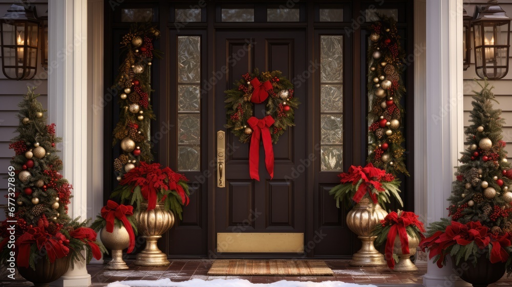  a front door decorated for christmas with christmas wreaths and poinsettis on either side of the door.