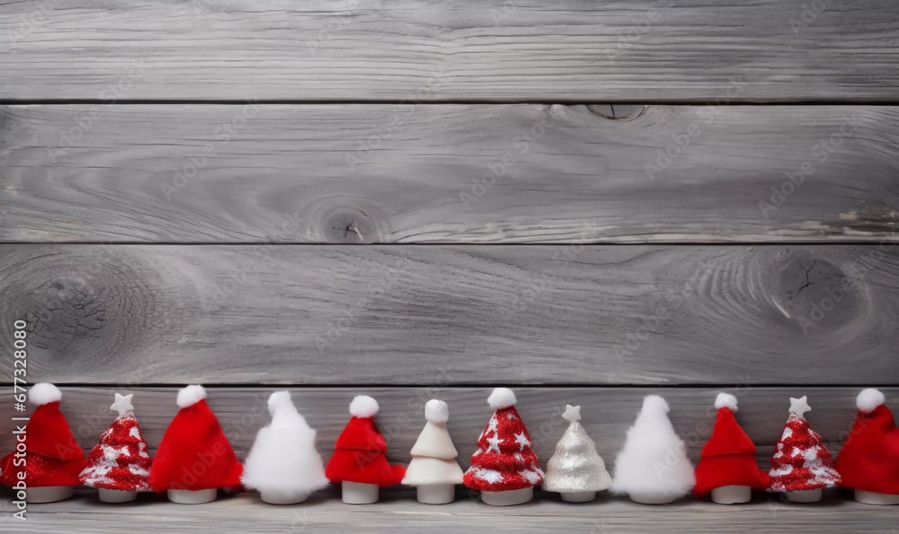 Fototapeta premium Humorous red, gray and white wooden Christmas background with Santa hats for frame, Ai generator