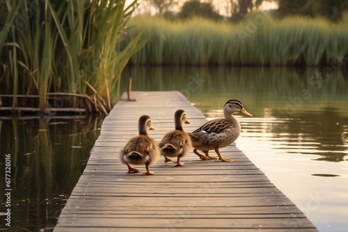 A family of ducks crossing a floating wooden walkway on a tranquil lake
