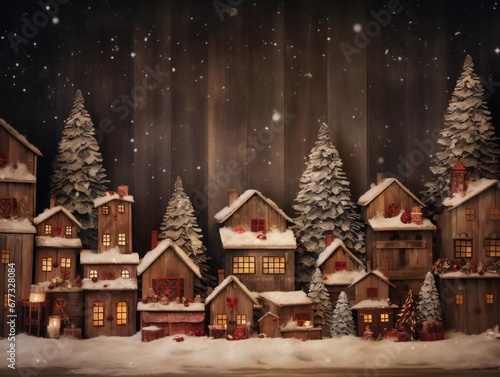 Wooden rustic village background with red Christmas presents, AI generator