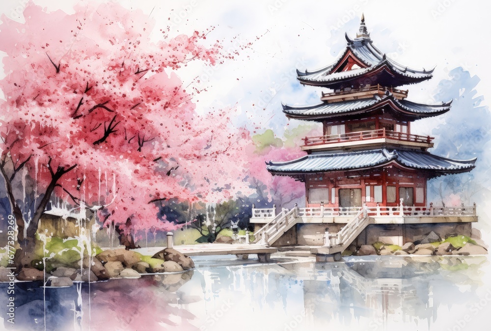 Tranquil Japanese-inspired Three-Story Building with Cherry Blossom Tree and Colorful Flowers by Water Tranquil Japanese-inspired Three-Story Building with Cherry Blossom Tree and Colorful Flowers by Water
