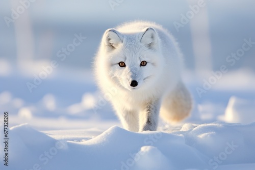 Arctic fox prowling on a snow-blanketed tundra