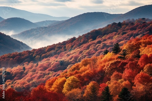 Autumn foliage transforming hills into a tapestry of warm hues