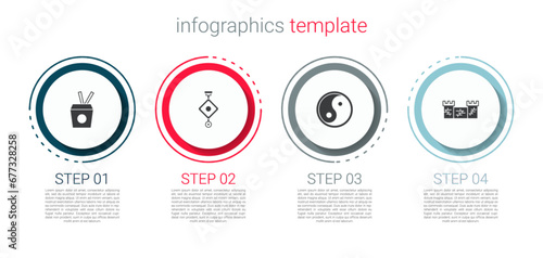 Set Noodles in box and chopsticks, Chinese paper lantern, Yin Yang and Great wall of China. Business infographic template. Vector