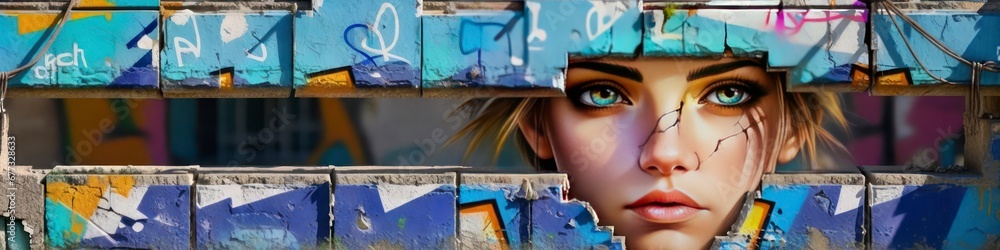 Abstract banner painted on old dilapidated house wall with girl's face, background for your design or Women's Day