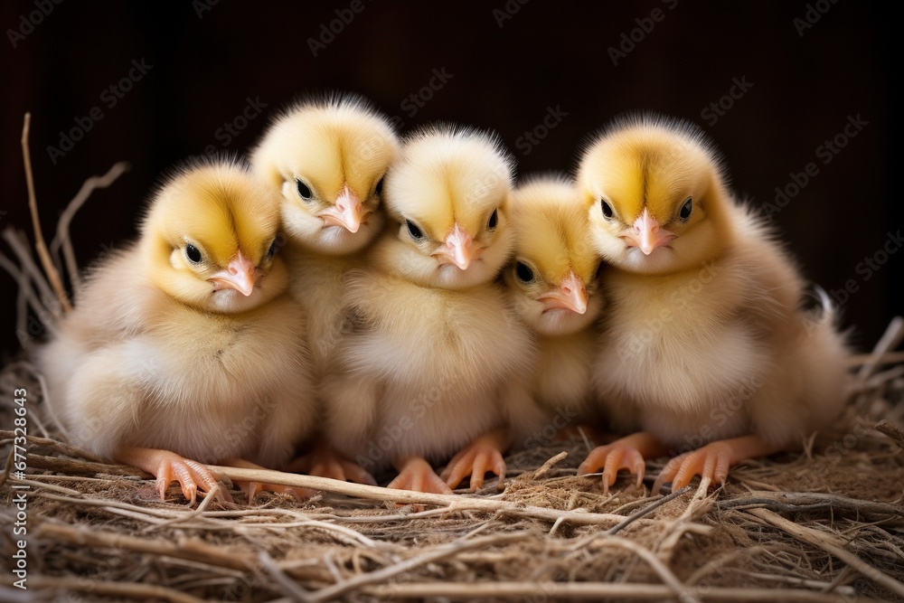 A group of chicks huddled together in a barn