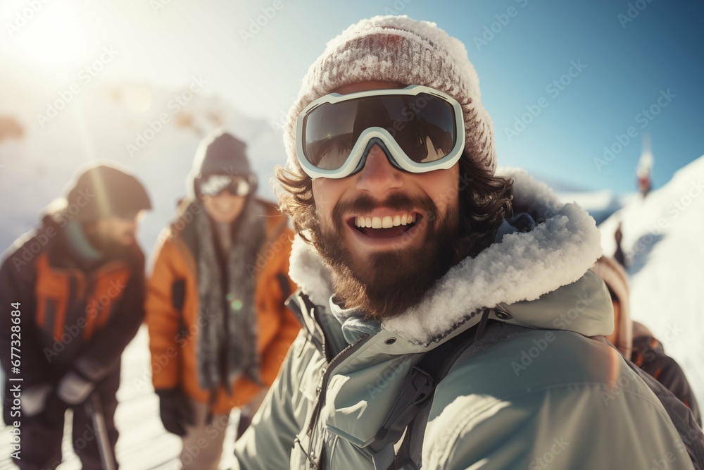 A group of happy smiling friends with ski googles looked at camera in the Ski resort. Beautiful winter sunny day A group of happy smiling friends with ski googles looked at camera in the Ski resort. Beautiful winter sunny day