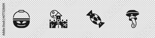 Set Pumpkin basket for sweets, Castle, fortress, Candy and Psilocybin mushroom icon. Vector