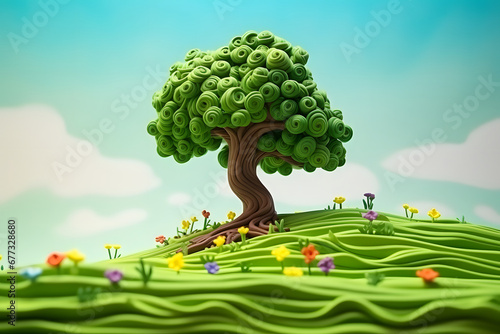 plasticine cartoon landscape with trees, river and flowers photo