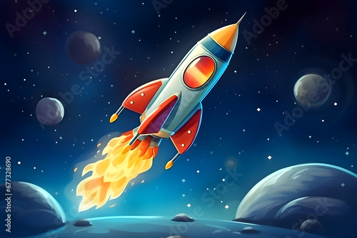 cartoon rocket with a porthole flies into space.