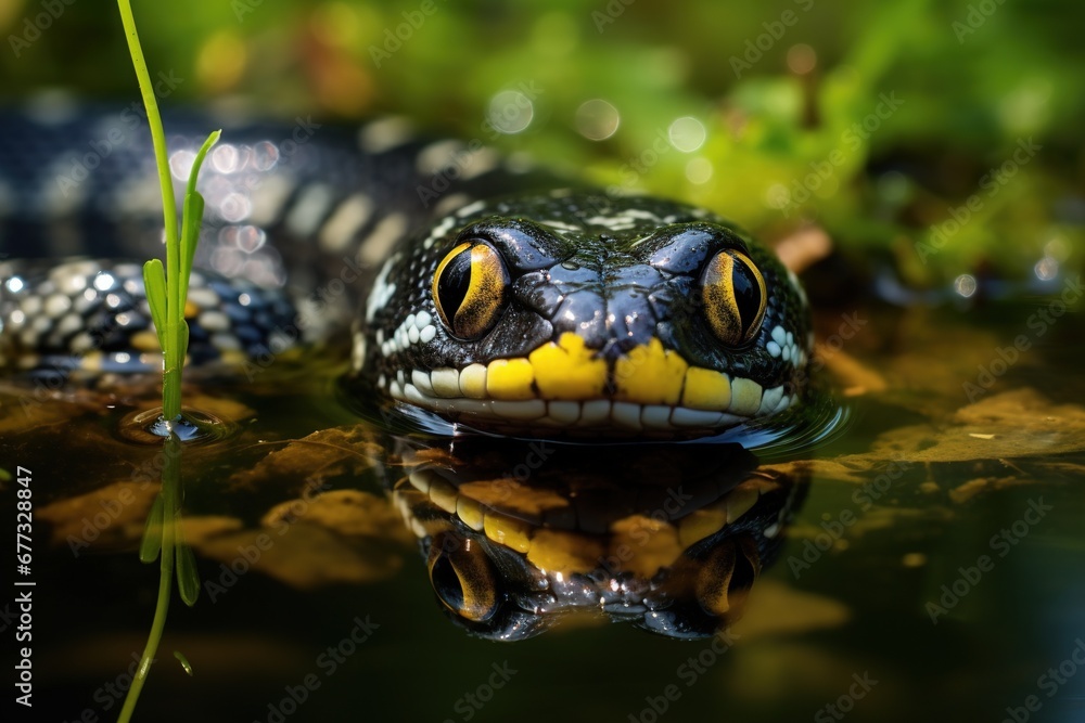 A garter snake poking its head out of a freshwater pond A garter snake poking its head out of a freshwater pond