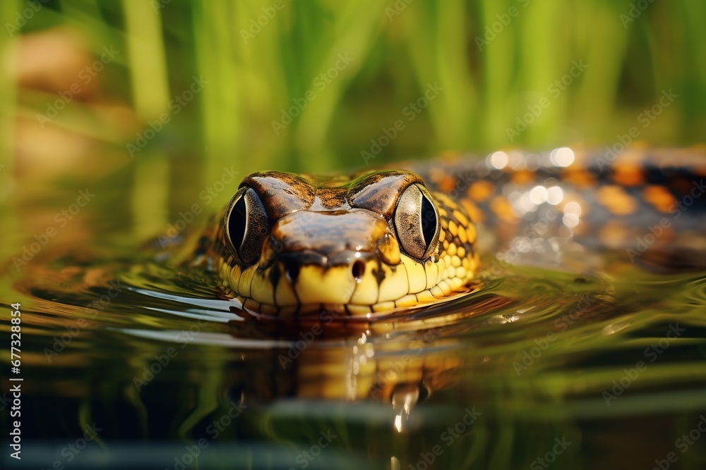 A garter snake poking its head out of a freshwater pond A garter snake poking its head out of a freshwater pond