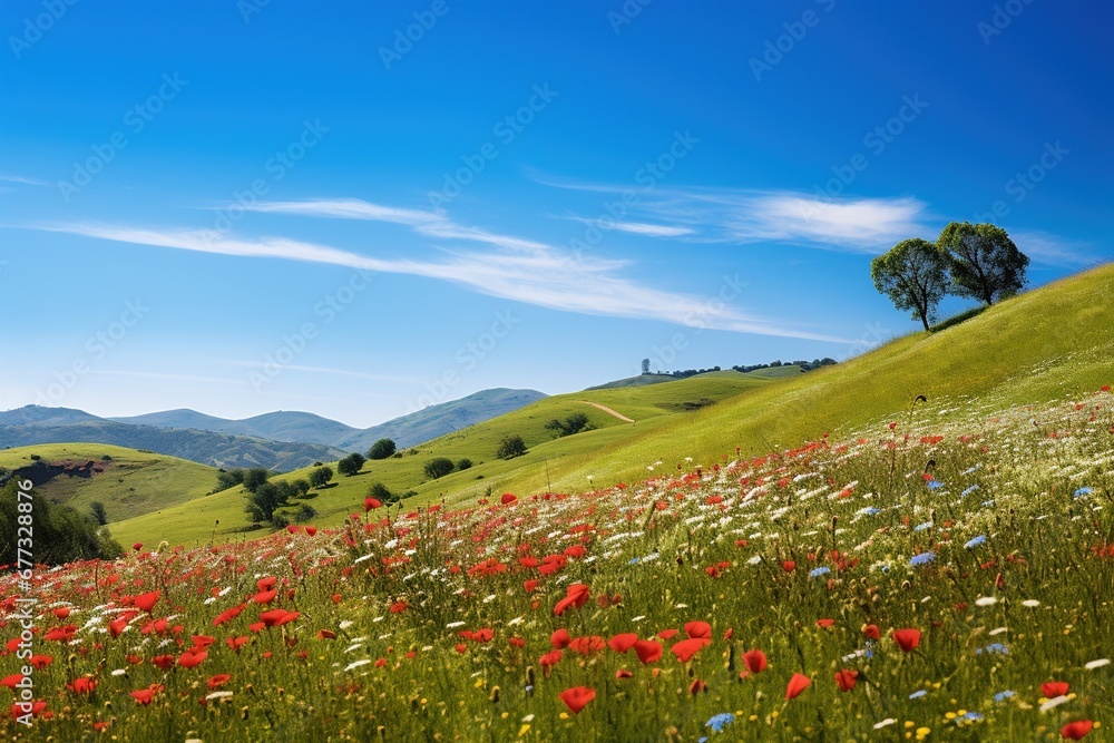 A hillside blanketed in wildflowers, with a clear blue sky overhead