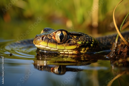 A garter snake poking its head out of a freshwater pond