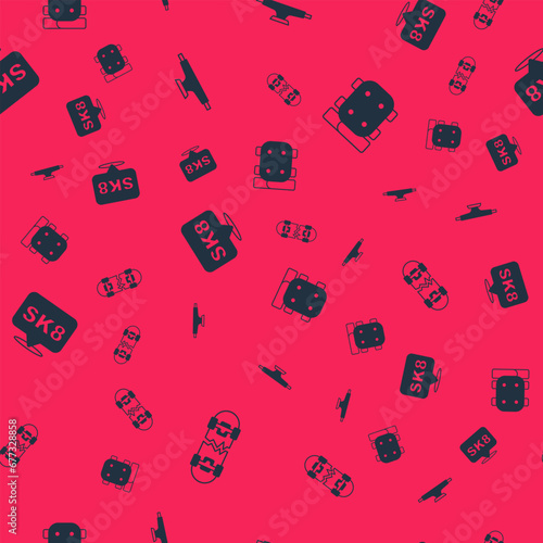 Set Broken skateboard, Skateboard wheel, and Knee pads on seamless pattern. Vector