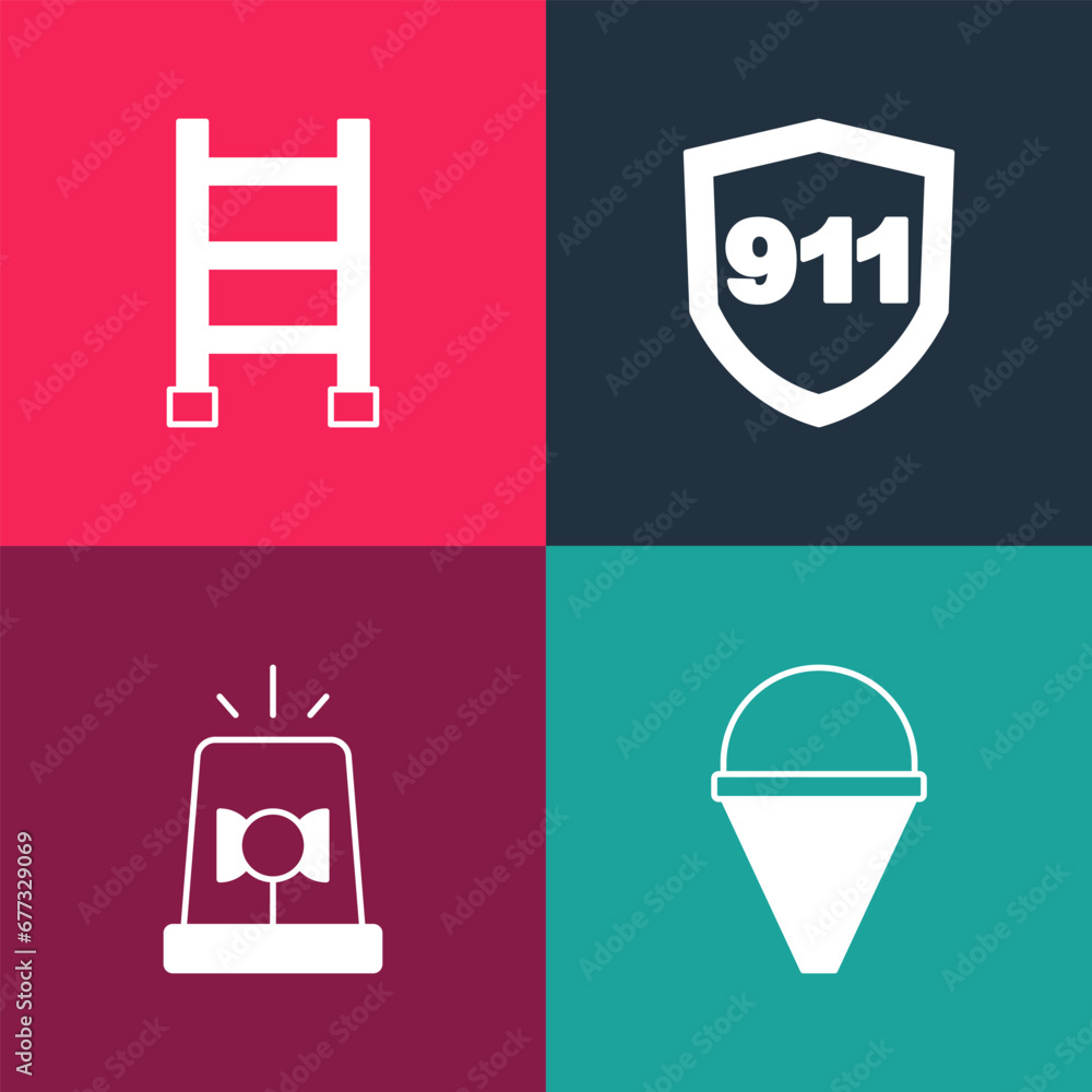 Set pop art Fire cone bucket, Flasher siren, Emergency call 911 and escape icon. Vector Set pop art Fire cone bucket, Flasher siren, Emergency call 911 and escape icon. Vector