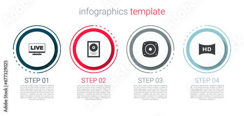 Set Live stream, CD disk award in frame, Stereo speaker and Hd movie, tape,. Business infographic template. Vector