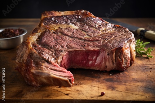 Aged ribeye steak cross-section on butcher block photo
