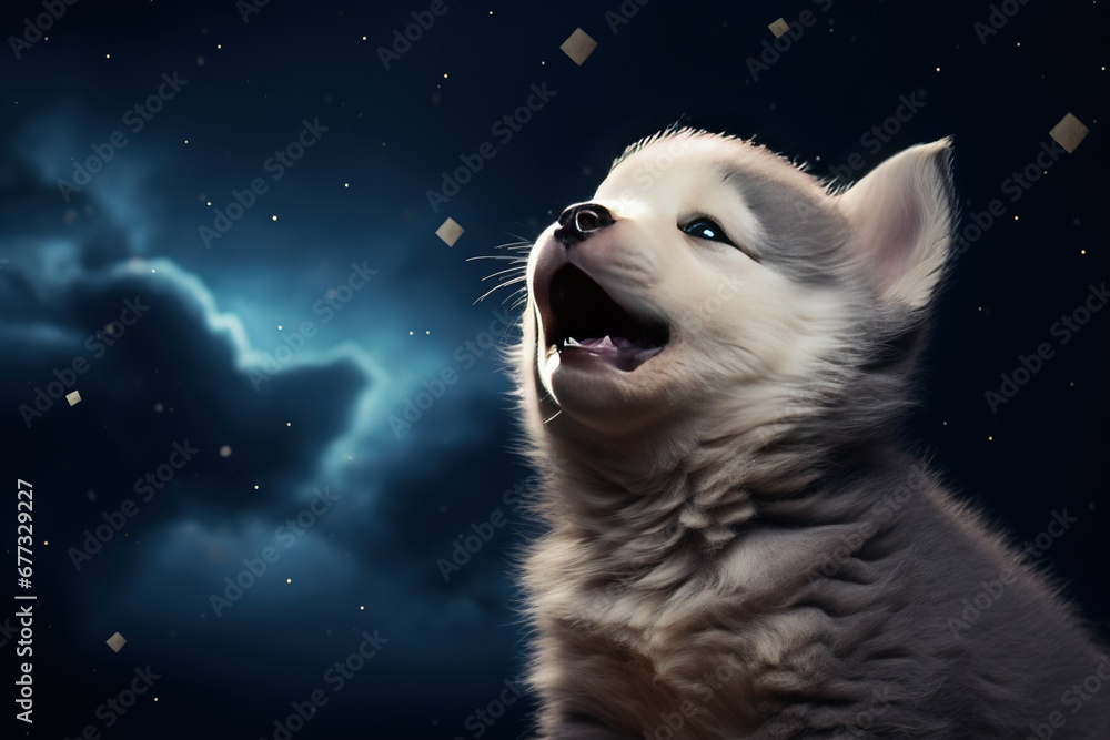 A husky pup howling under a crescent moon